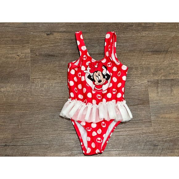 Babyhug Disney Sleeveless V Cut Swimsuit with Frill Detailing Minnie Mouse Print - Red